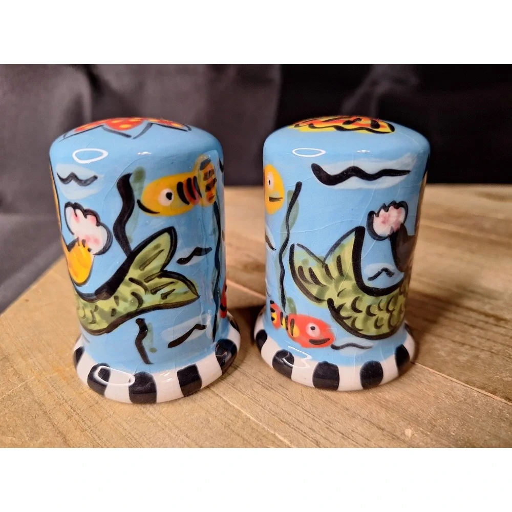 Hand Painted Ceramic Purrmaid Cat Mermaid Salt and Pepper Shakers Under the Sea